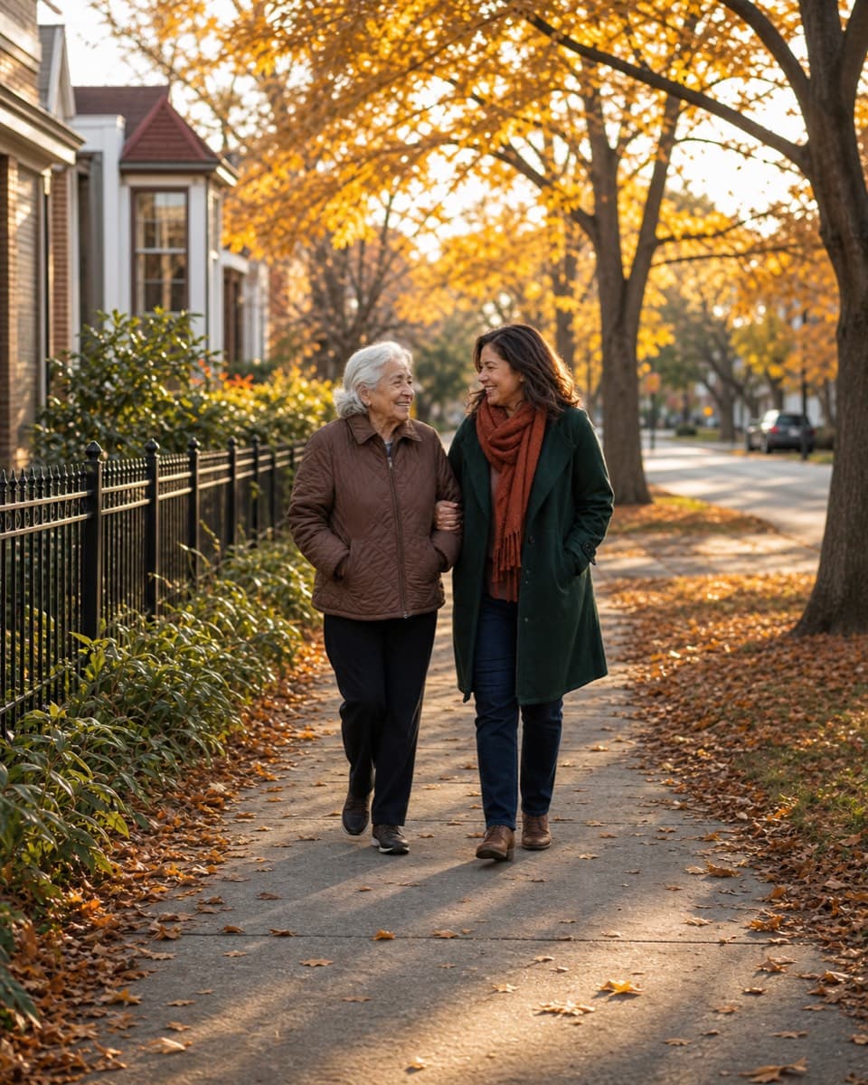 A woman walking arm in arm with her elderly mother