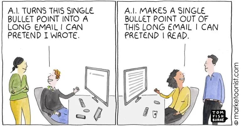 Marketoonist cartoon: one worker has AI turn a bullet point into a long email he can pretend he wrote; another has AI turn that long email back into a bullet point she can pretend she read