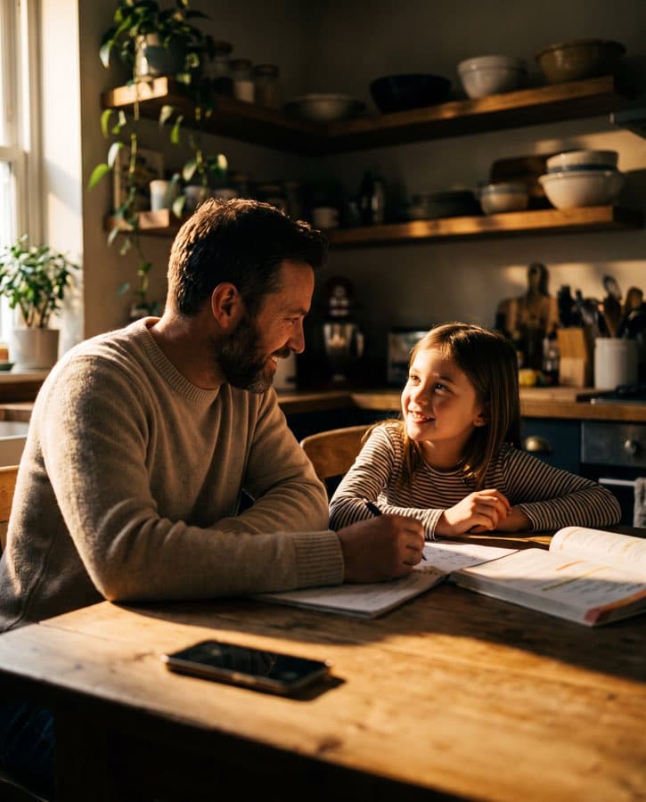 A father and daughter doing homework together at the kitchen table