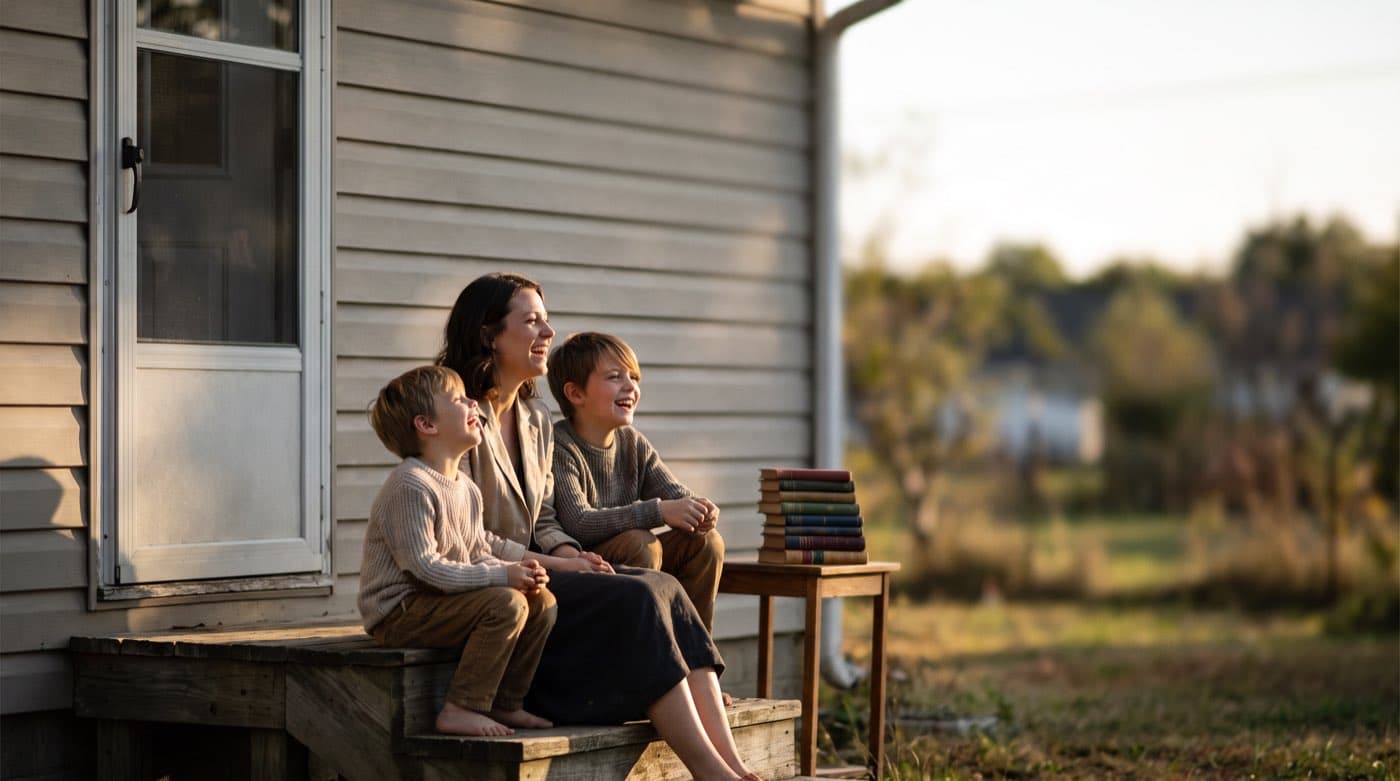 A mother and her two kids sitting together on the back steps at golden hour